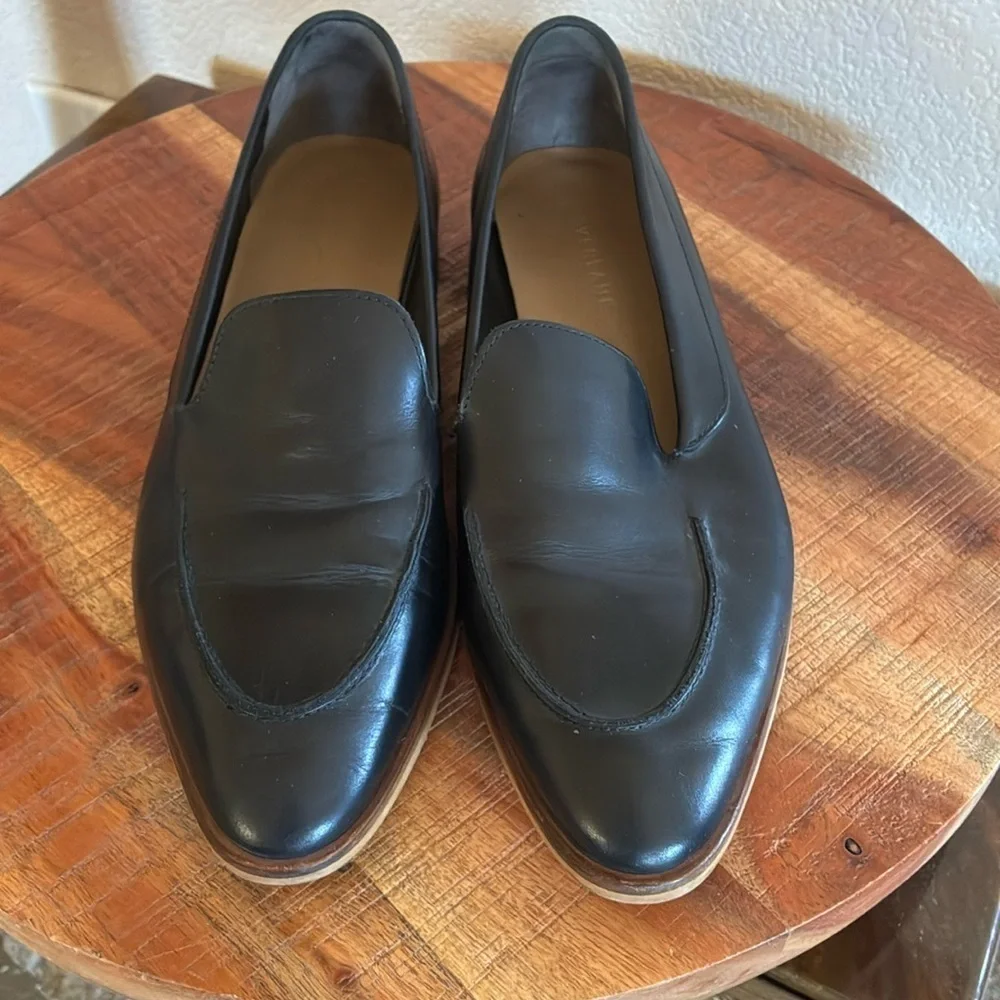 Everlane Italian women 9.5, black leather loafers, stacked leather sole/heel EUC